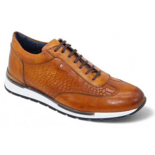 Duca Di Matiste "Varsi" Cognac Genuine Italian Calf Leather Crocodile Print Sneakers.